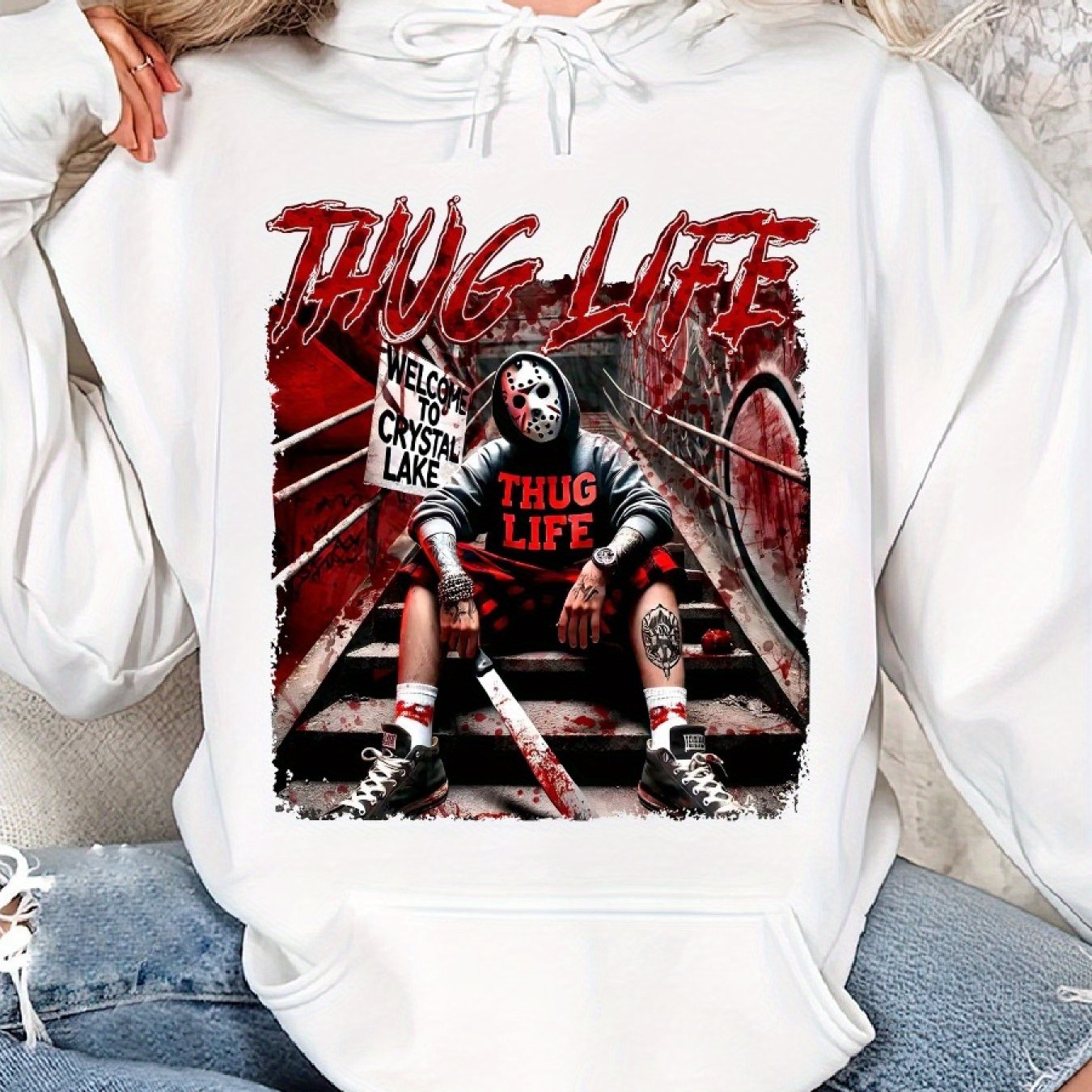 Thug Life Horrors Hip Hop, Thug Life Hallowee Cozy Classic Print Pullover Hoodie, Casual Long Sleeve Hoodie For Sprots