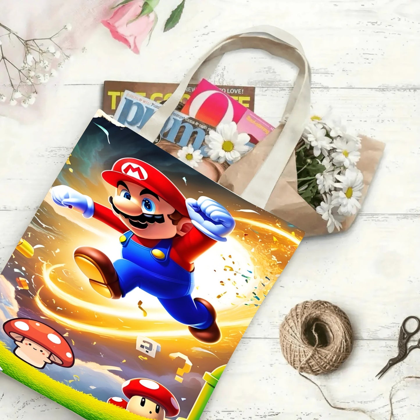 1pc SUPER MARIO Cartoon Print Tote Bag, Large Capacity Polyester Shoulder Bag with Classic Video Game Theme, Ideal for Work, College, Grocery Shopping, Fits Various Occasions Including Birthdays, Housewarming, Bachelor Partie