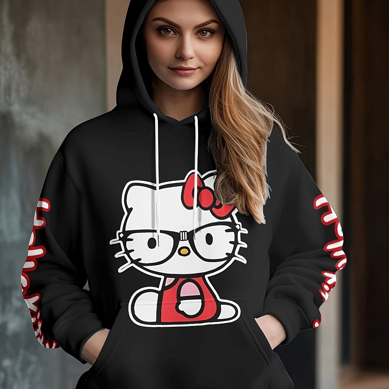 Sanrio Hello Kitty Women's Hoodie - Cozy Polyester, Casual Long Sleeve with Pockets, Machine Washable