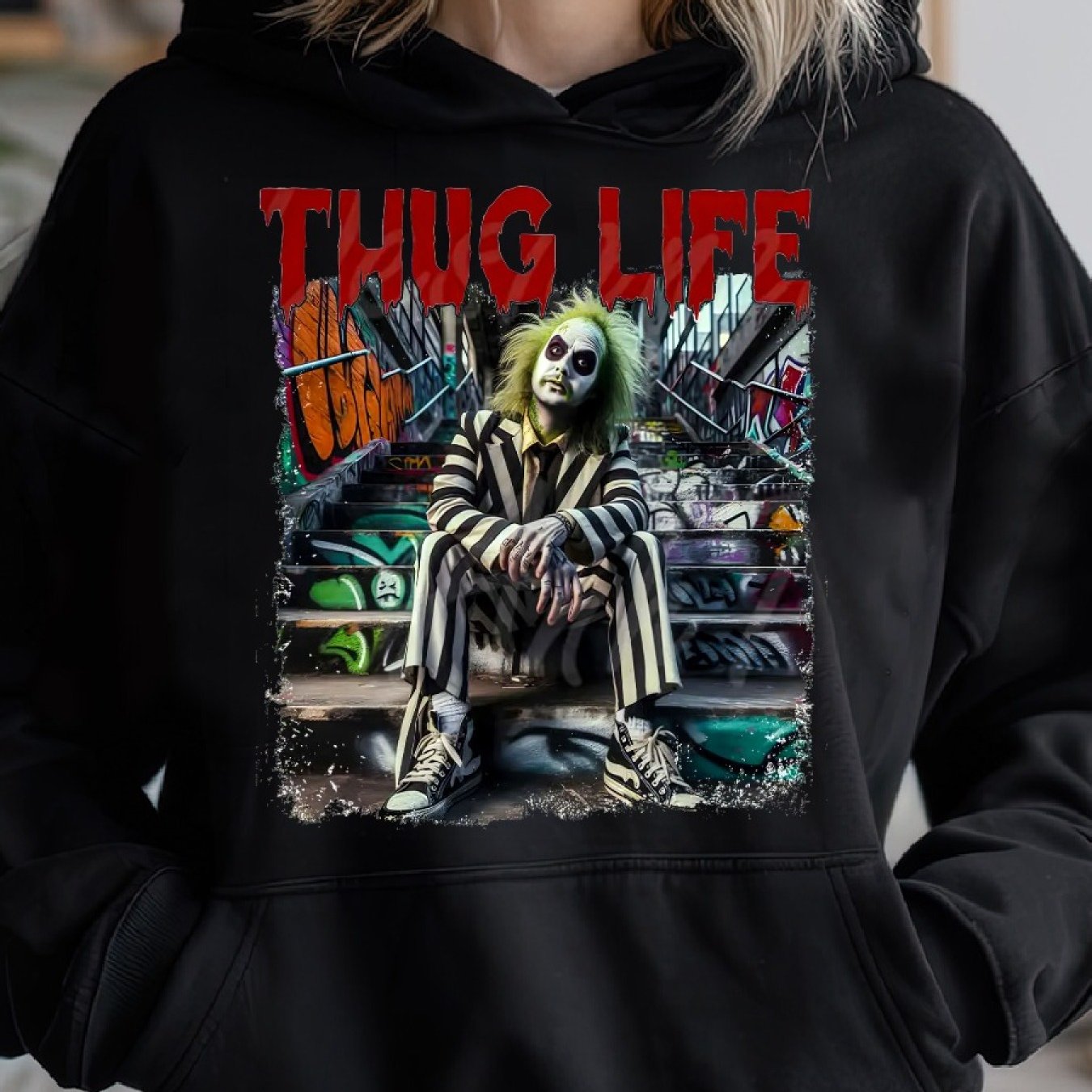 Beetlle Juice, Thug Life Halloween Cozy Classic Print Pullover Hoodie, Casual Long Sleeve Hoodie For Sprots
