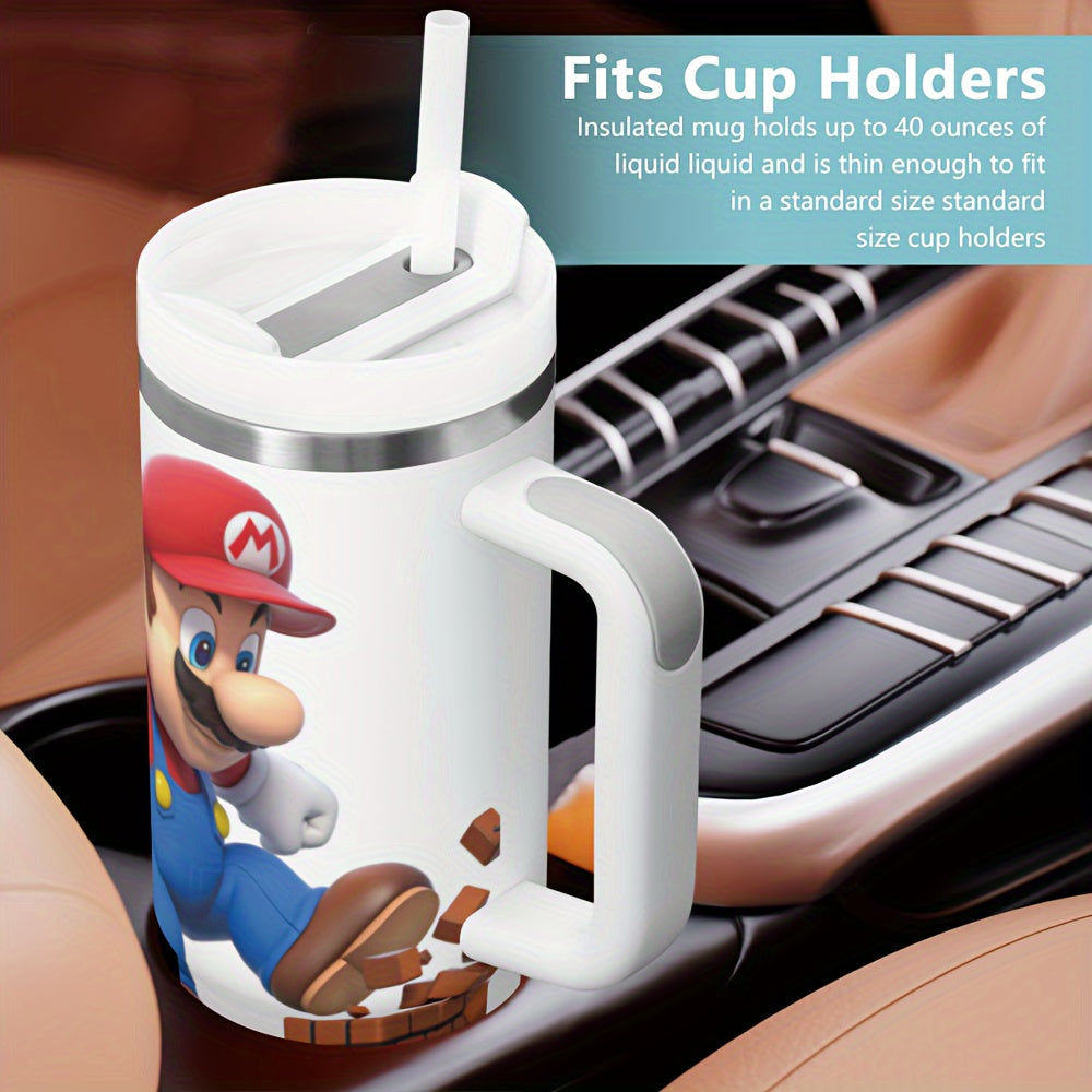 Super Mario 40oz Stainless Steel Tumbler with Handle - Leakproof, Reusable & Durable - Perfect for Hot & Cold Drinks - Ideal Gift for Family & Friends - Includes Straw & Lid - Great for Outdoor Camping, Driving & Travel