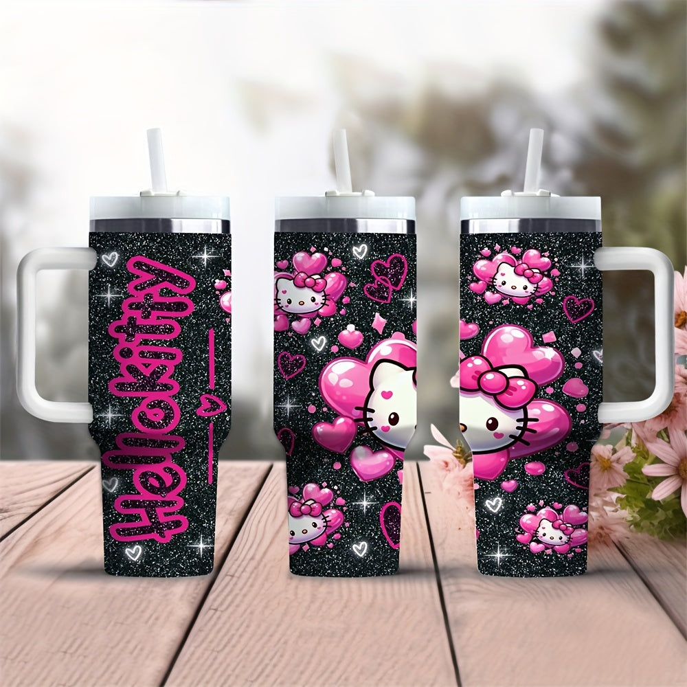 Hello Kitty 40oz Stainless Steel Insulated Water Bottle with Straw and Handle, BPA-Free, Round Shape, Hand Wash Only, Ideal for Coffee, Milk, Beer, and Beverages, Perfect Christmas Gift for Family and Friends