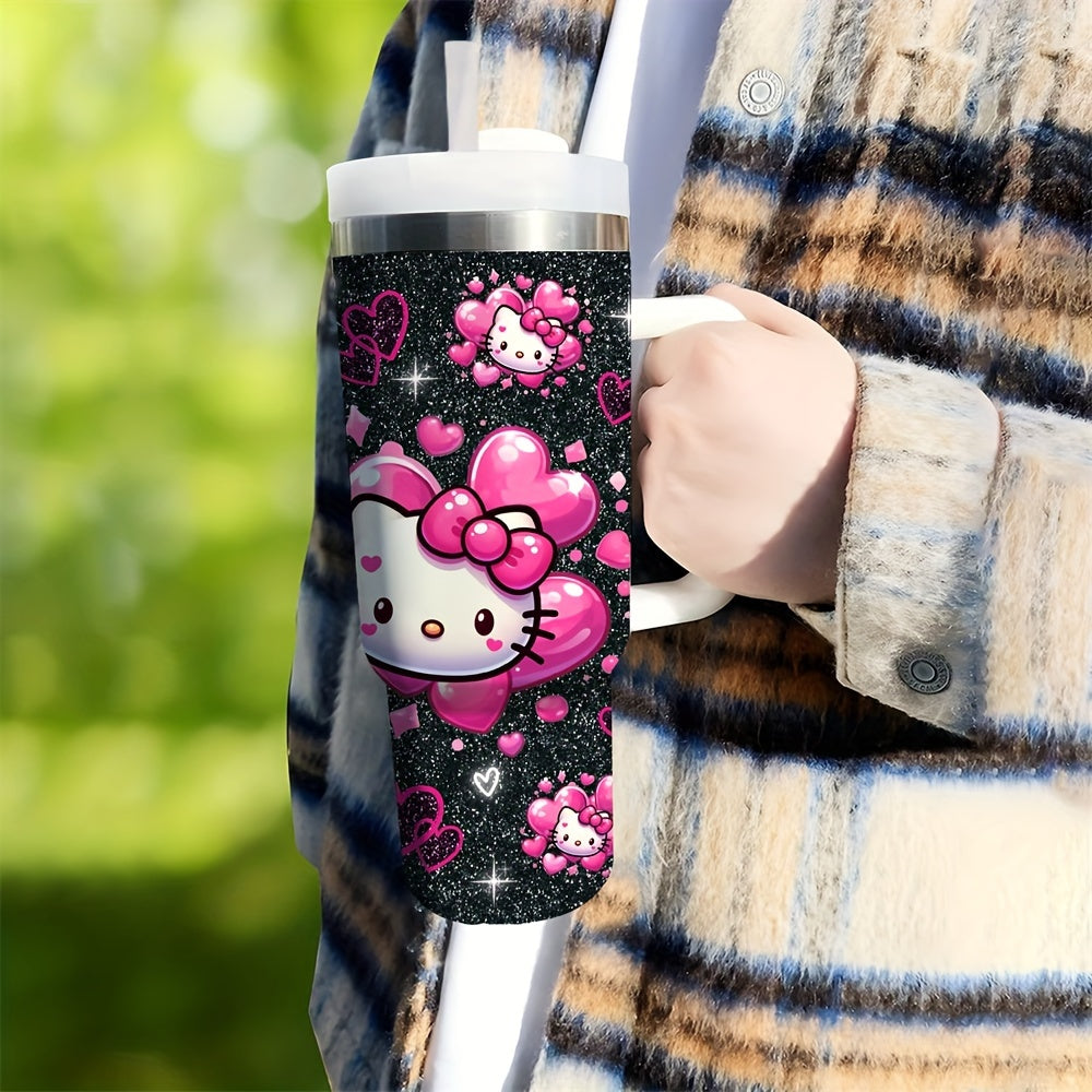 Hello Kitty 40oz Stainless Steel Insulated Water Bottle with Straw and Handle, BPA-Free, Round Shape, Hand Wash Only, Ideal for Coffee, Milk, Beer, and Beverages, Perfect Christmas Gift for Family and Friends