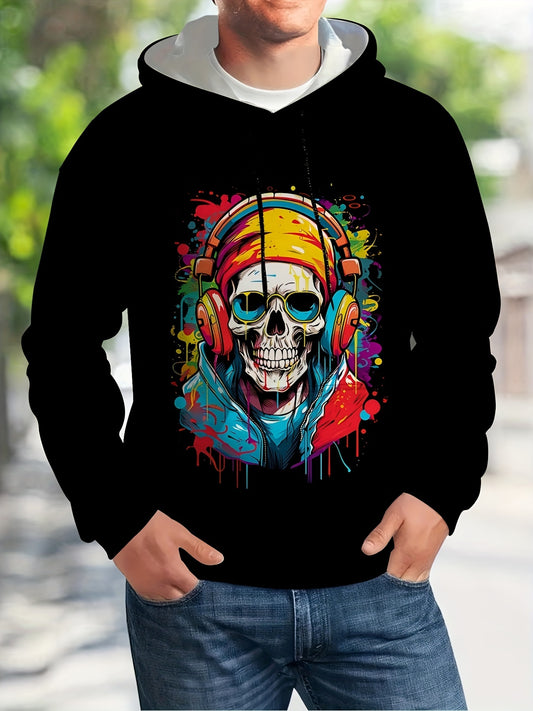 Men'S Rock Skull Print Hoodie with Kangaroo Pocket, Casual Spring/Fall Polyester Sweatshirt, Long Sleeve, Knit Fabric, Unisex-Fit for Outdoor Leisure Wear