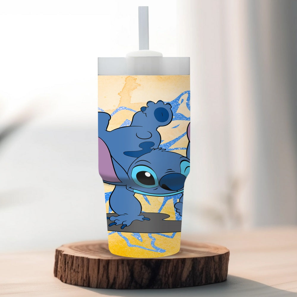 Disney Stitch Cartoon Character Round Stainless Steel Tumbler with Straw, 14oz Insulated Travel Mug, BPS Free, Hand Wash Only, Ideal for Car, Home, Daily Use, Gift for Family and Friends - Ramadan Celebration