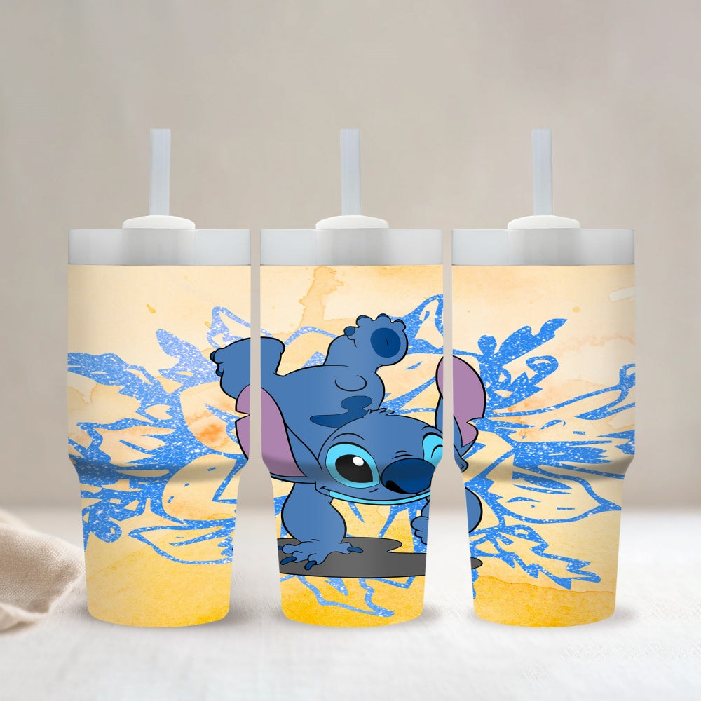 Disney Stitch Cartoon Character Round Stainless Steel Tumbler with Straw, 14oz Insulated Travel Mug, BPS Free, Hand Wash Only, Ideal for Car, Home, Daily Use, Gift for Family and Friends - Ramadan Celebration