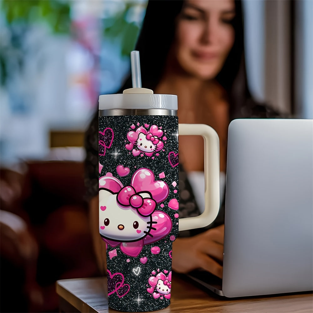 Hello Kitty 40oz Stainless Steel Insulated Water Bottle with Straw and Handle, BPA-Free, Round Shape, Hand Wash Only, Ideal for Coffee, Milk, Beer, and Beverages, Perfect Christmas Gift for Family and Friends