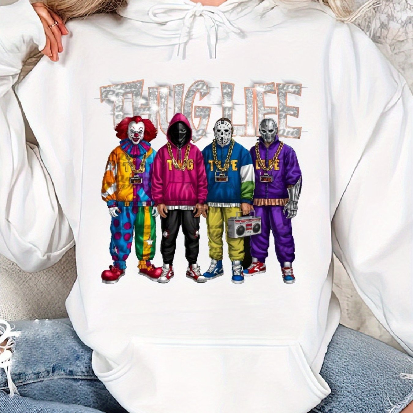 Thug Life Horrors Hip Hop, Thug Life Halloween Cozy Classic Print Pullover Hoodie, Casual Long Sleeve Hoodie For Sprots