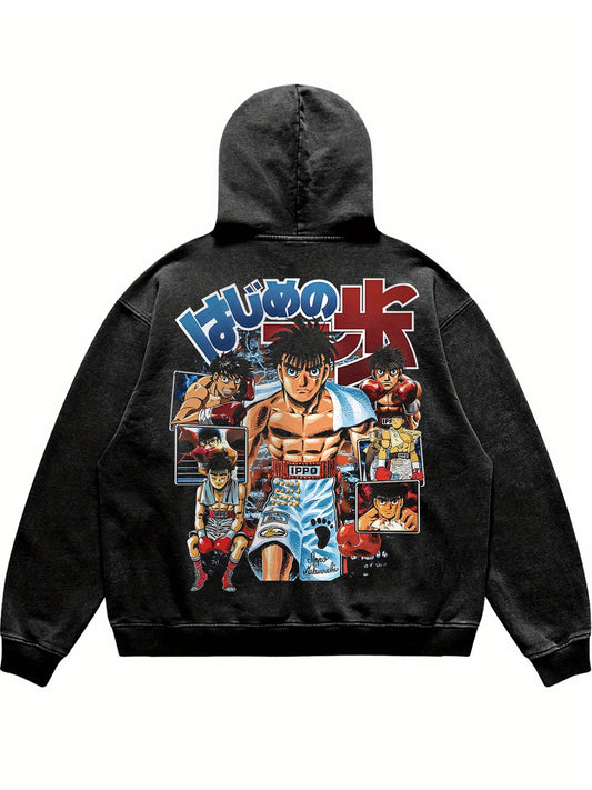 Vintage-Inspired Anime Graphic Hoodie with Boxing Scene Design - Cozy Polyester Blend, Long Sleeve Pullover for Men | Casual & Stylish Streetwear, Perfect for Casual Attire