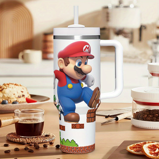 Super Mario 40oz Stainless Steel Tumbler with Handle - Leakproof, Reusable & Durable - Perfect for Hot & Cold Drinks - Ideal Gift for Family & Friends - Includes Straw & Lid - Great for Outdoor Camping, Driving & Travel