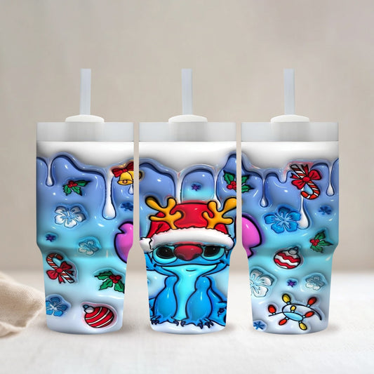 1pc Disney Stitch Christmas Reindeer Cartoon Character 14oz Stainless Steel Insulated Tumbler with Straw, Hand Wash Only, BPA Free, Round Holiday Themed Travel Mug for Home & Car Use, Ideal Ramadan Gift