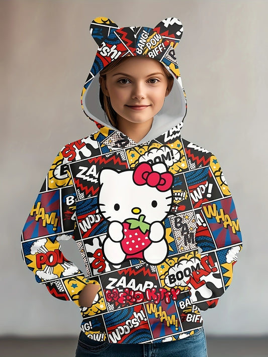 Sanrio Hello Kitty Hoodie for Girls - Cozy & Stylish Long Sleeve Pullover with 3D Cat Ears and Large Pockets, Perfect for All Seasons