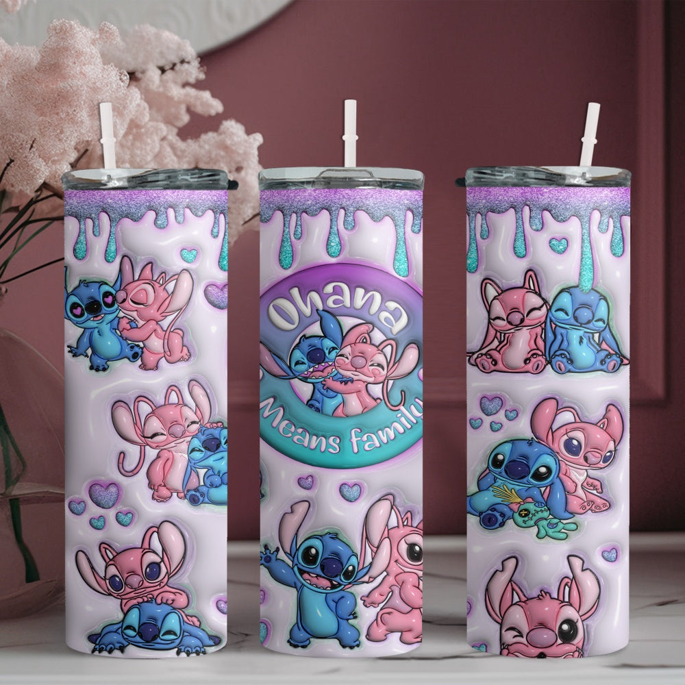 20oz Stainless Steel Tumbler with Straw - Insulated Water Bottle with Stitch & Angel Design, Perfect for Car & Home Use, BPA-Free, Hand Wash Only, Coffee Cup, Ohana Means Family