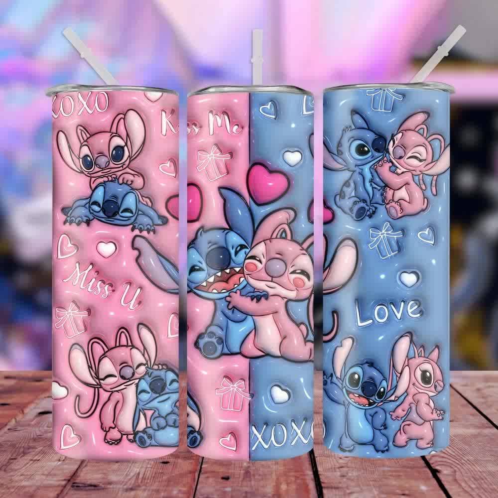 Stitch & Angel 20oz Insulated Tumbler - Love You Kiss Me Design, Stainless Steel with Straw for Fitness, Travel, Driving & Home Use