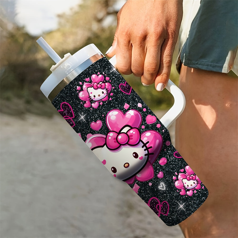Hello Kitty 40oz Stainless Steel Insulated Water Bottle with Straw and Handle, BPA-Free, Round Shape, Hand Wash Only, Ideal for Coffee, Milk, Beer, and Beverages, Perfect Christmas Gift for Family and Friends