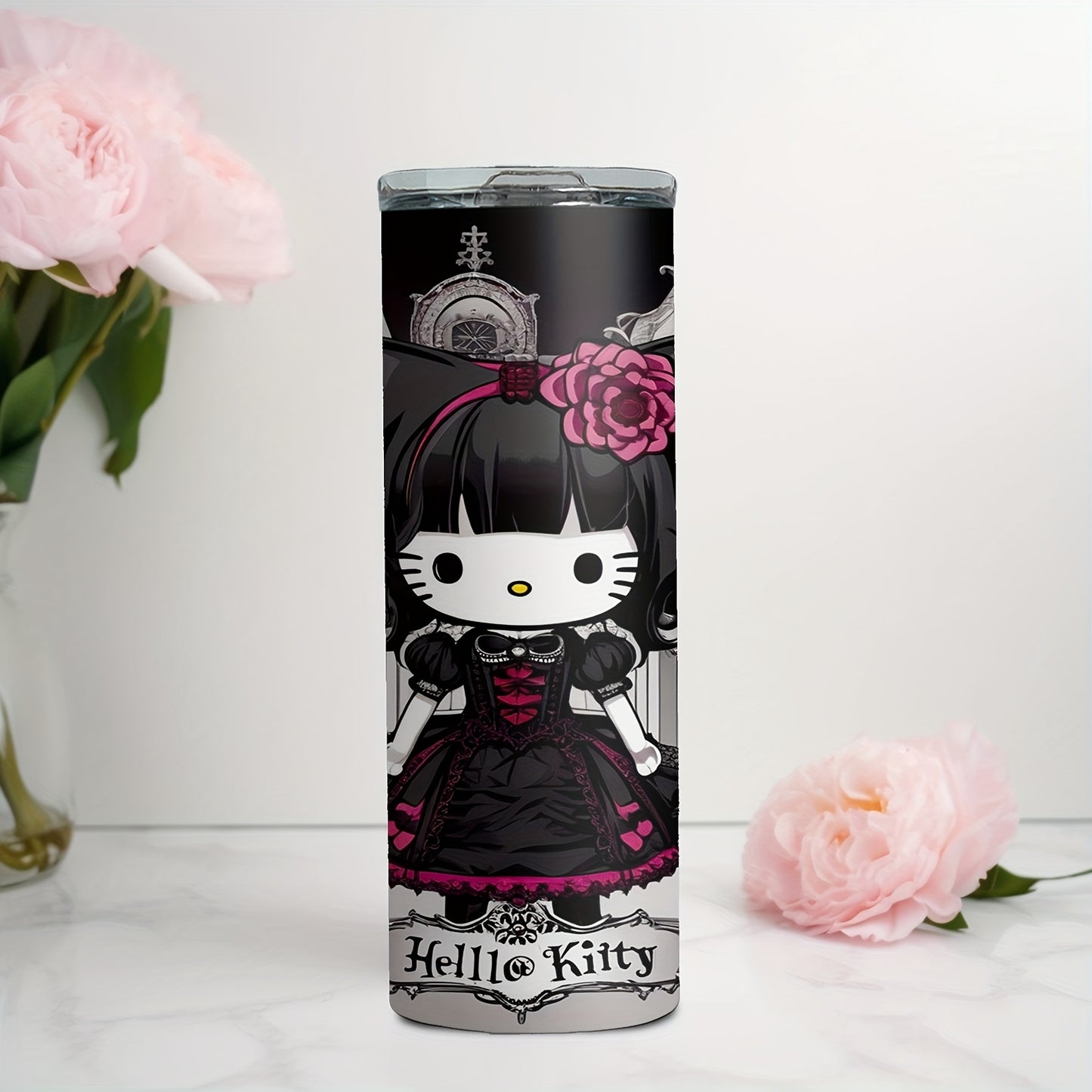 Hello Kitty 20oz Stainless Steel Insulated Tumbler with Straw - Dark Cat Design, Rust-Proof & Detachable Cover, Perfect Gift for Family and Friends